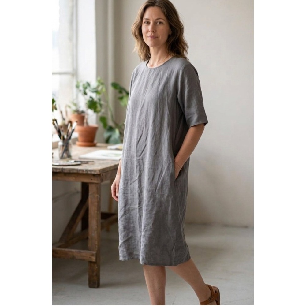 Muji 100% Linen Minimalist Shift Dress Charcoal Gray XS-S Relaxed Fit BCL4722S